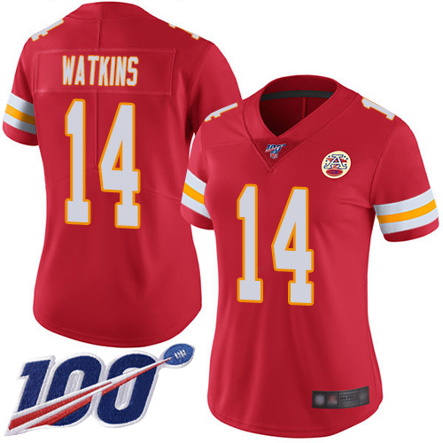 Women Kansas City Chiefs #14 Watkins Sammy Red Team Color Vapor Untouchable Limited Player 100th Season Football Nike NFL Jersey